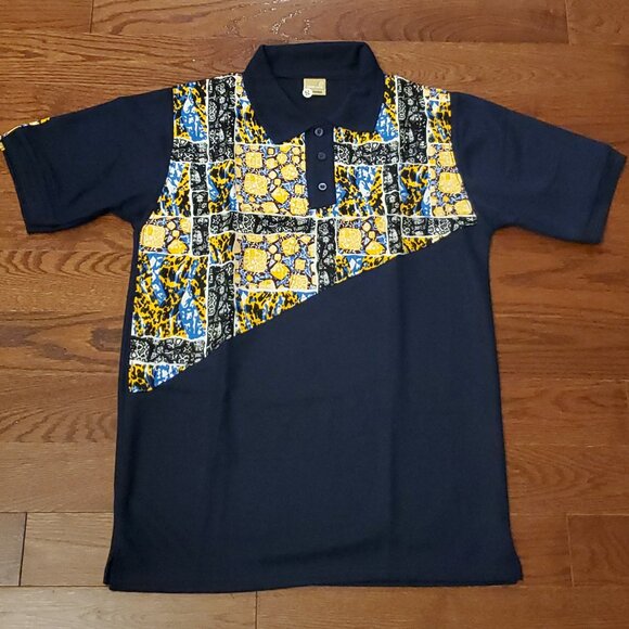 Men’s African Print Polo Shirt – Navy Blue with Vibrant Patchwork Pattern - Picture 1 of 4
